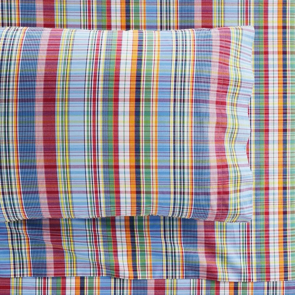 Pottery Barn Teen Bridgeport Plaid Organic Cotton Full Flat Sheet Multicolor